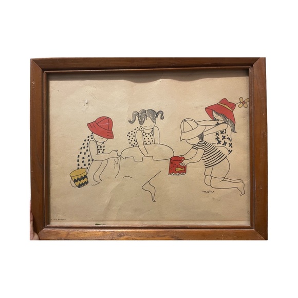 MAXINE vintage Children playing sand 14" x 10" Framed 1974 benchmark art - Picture 1 of 3